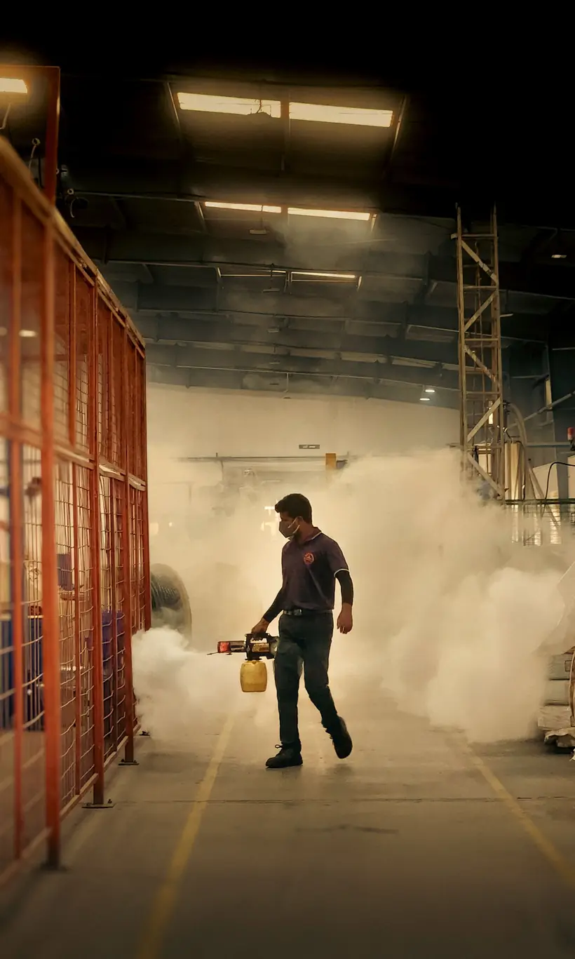 Technician fogging a warehouse