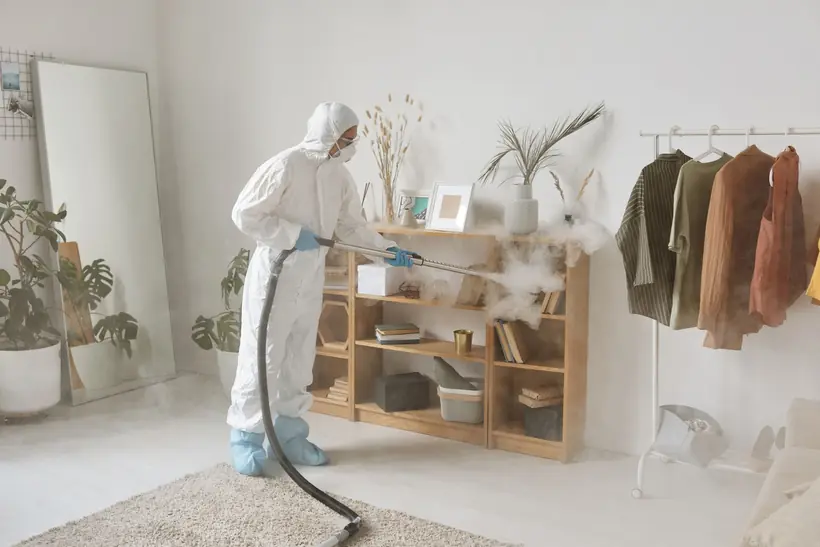 Technician in protective clothing treating a room