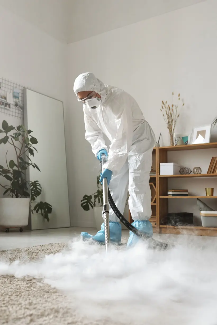 Technician in protective clothing inspecting a room