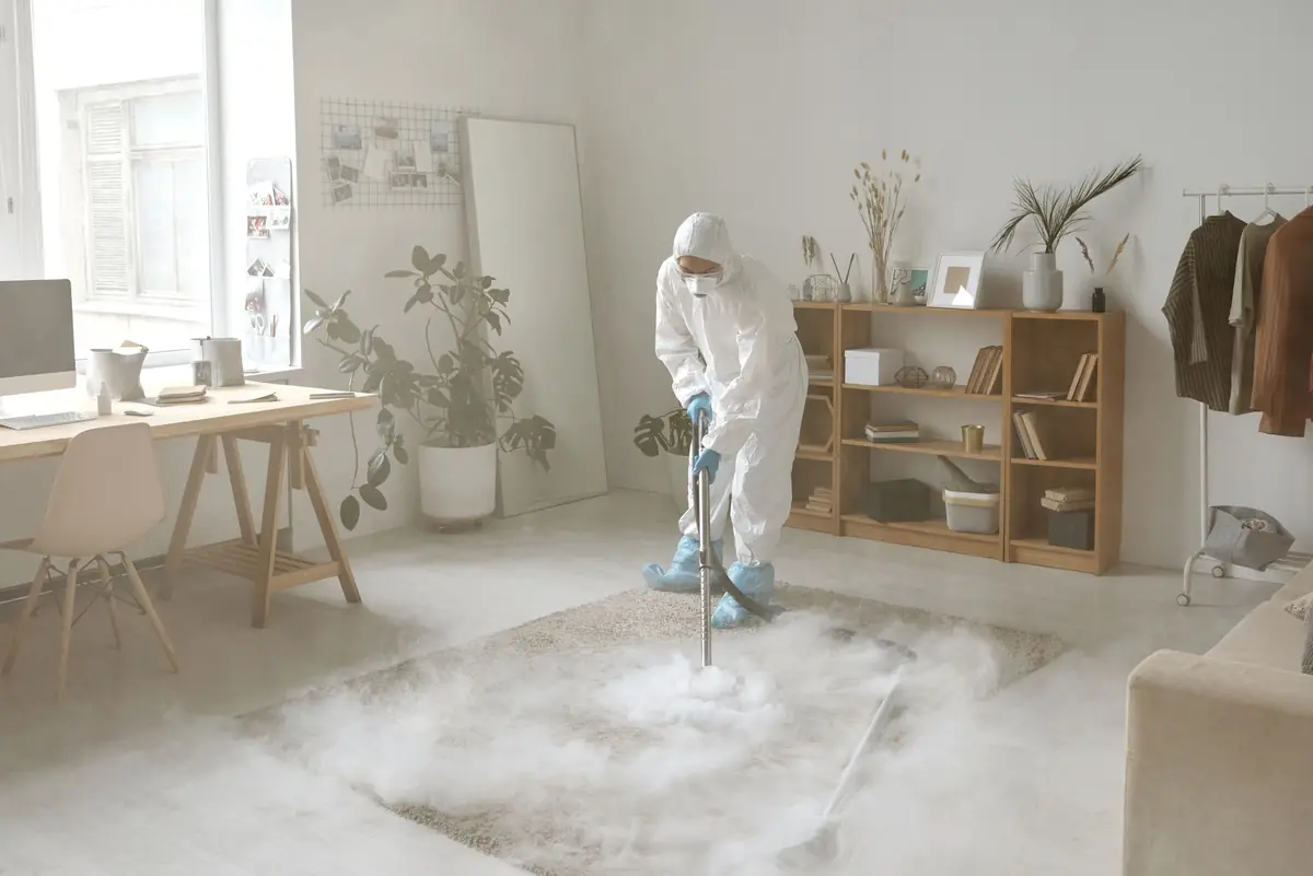 Technician in protective clothing inspecting a room