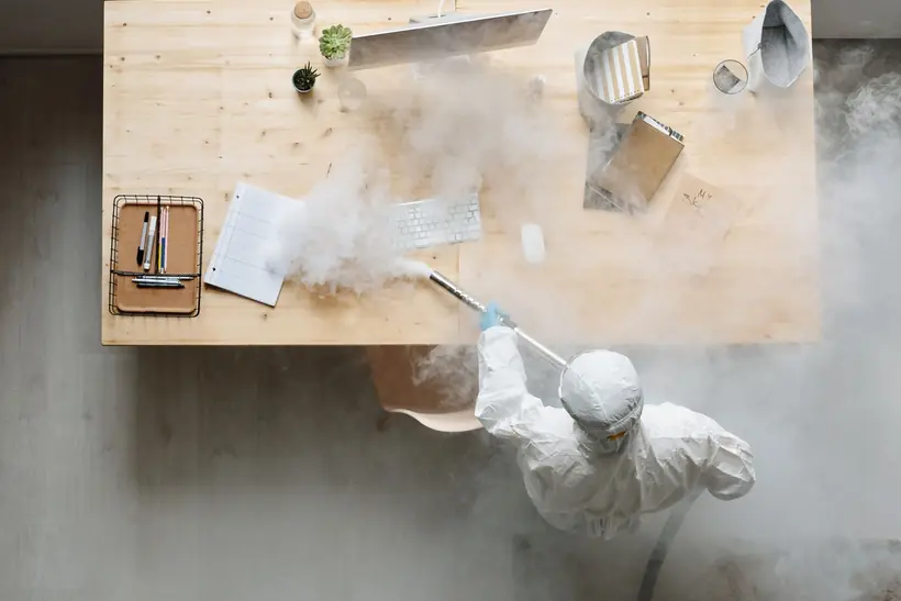 Technician treating a wooden desk from above