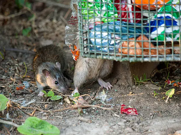 Two brown rats by a wire cage among garden litter